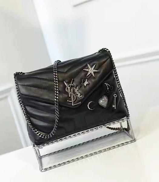 YSL Monogram Black Calfskin Leather Rhinestone Decorative Small Bag