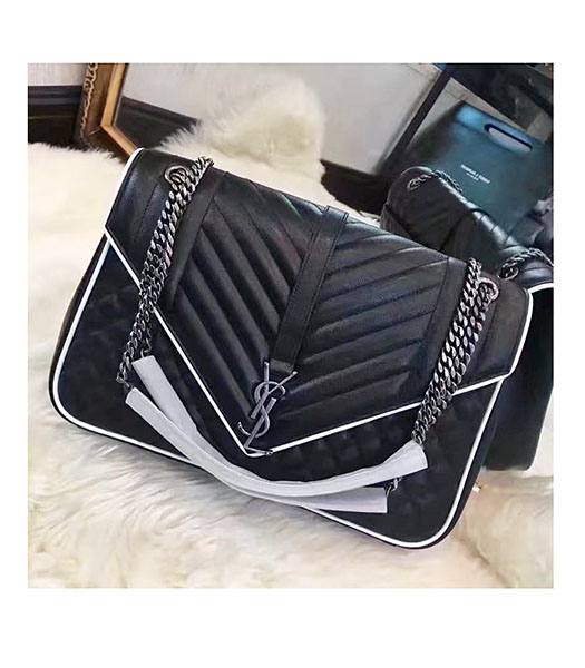YSL Monogram Black Litchi Veins Matelasse Leather With White Side 31cm Black Chains Bag
