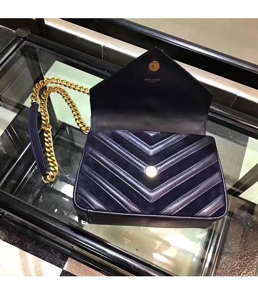 YSL Monogram Dark Blue Matelasse Calfskin With Scrub Leather Golden Chains 24cm Top Handle Bag-2