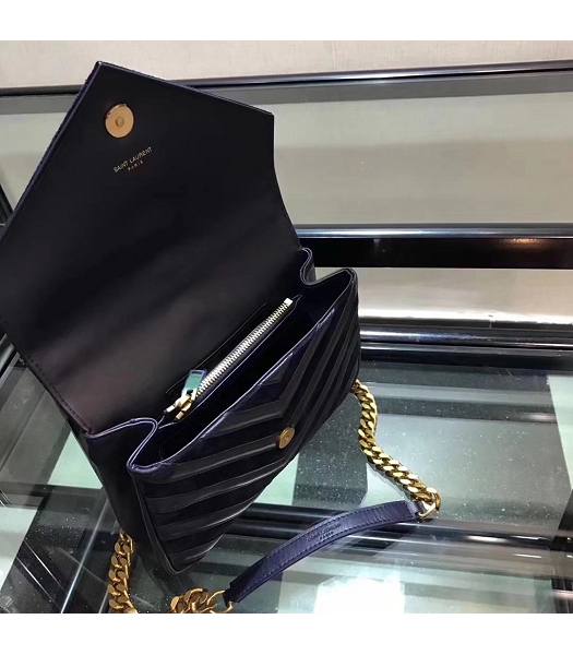 YSL Monogram Dark Blue Matelasse Calfskin With Scrub Leather Golden Chains 24cm Top Handle Bag-3