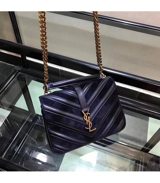 YSL Monogram Dark Blue Matelasse Calfskin With Scrub Leather Golden Chains 24cm Top Handle Bag-5