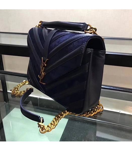 YSL Monogram Dark Blue Matelasse Calfskin With Scrub Leather Golden Chains 24cm Top Handle Bag-6