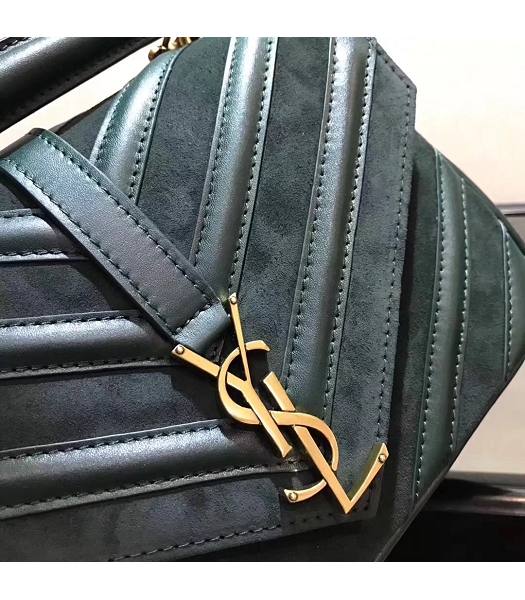 YSL Monogram Dark Green Matelasse Calfskin With Scrub Leather Golden Chains 24cm Top Handle Bag-5