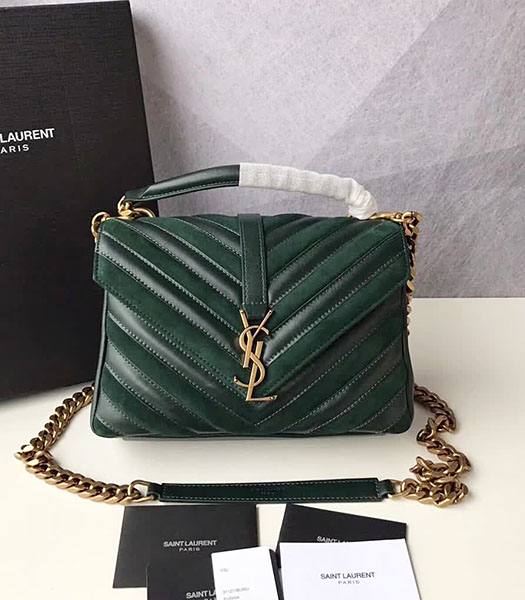 YSL Monogram Green Matelasse Calfskin With Scrub Leather Golden Chains 24cm Top Handle Bag