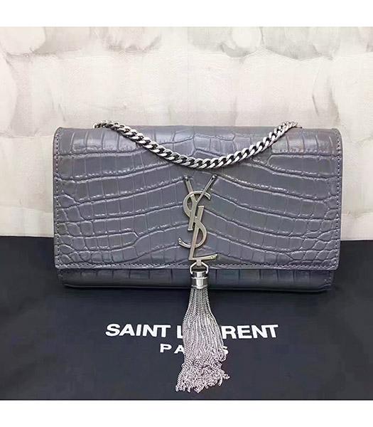 YSL Monogram Grey Croc Veins Leather Bag Antique Silver Chains