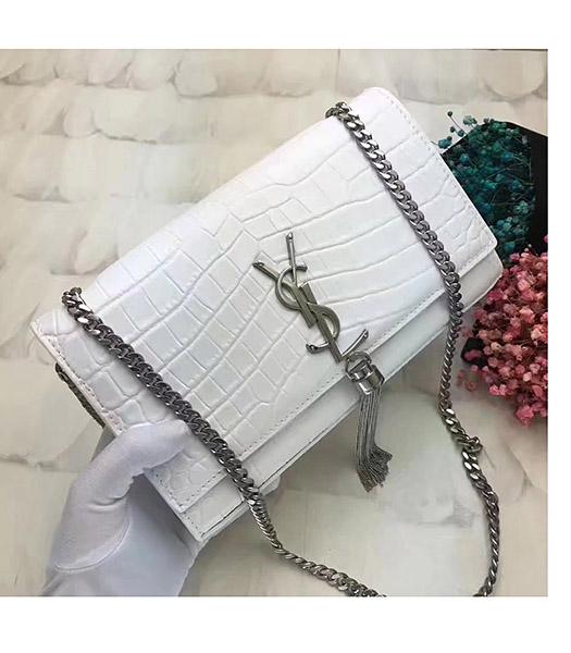YSL Monogram White Croc Veins Leather Bag Antique Silver Chains