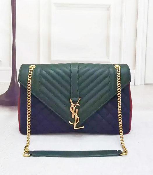 YSL Monogramme 27cm Shoulder Bag Dark Green&Blue Leather Golden Chain