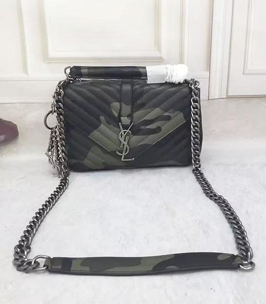 YSL Monogramme Army Green Calfskin Leather Camouflage Flap Bag Silver Chain