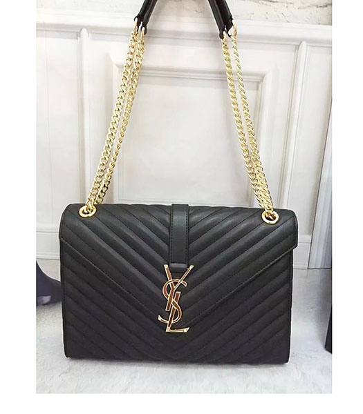 YSL Monogramme Black Plain Veins Leather Golden Chains 30cm Flap Bag