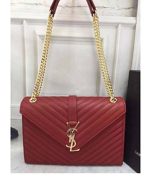 YSL Monogramme Dark Red Plain Veins Leather Golden Chains 30cm Flap Bag