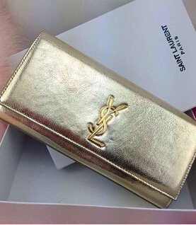 YSL Monogramme Gold Leather 28cm Clutch Golden Metal