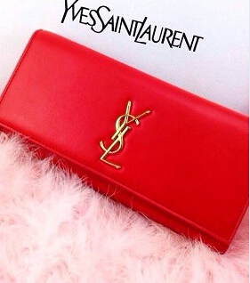 YSL Monogramme Red Leather 28cm Clutch Golden Metal
