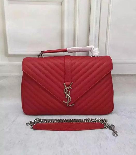 YSL Monogramme Red Leather Large Chevron Flap Bag Silver Chain