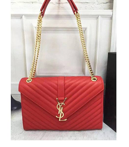 YSL Monogramme Red Plain Veins Leather Golden Chains 30cm Flap Bag