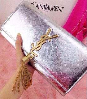 YSL Monogramme Silver Leather 28cm Bag Golden Chain