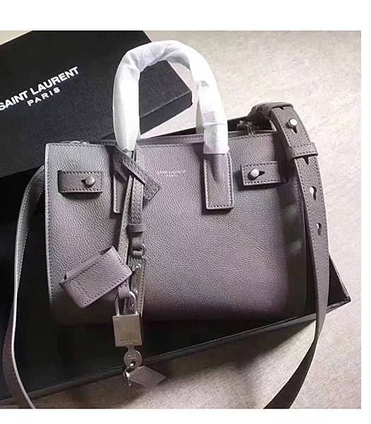 YSL Nano Sac De Jour Grey Litchi Veins Leather Rivet 26cm Tote Shoulder Bag