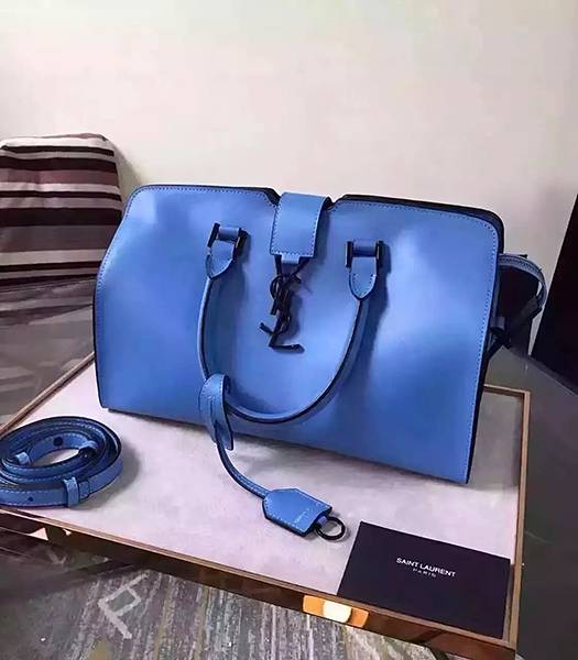 YSL New Style 30cm Blue Leather Tote Bag Gun Hardware