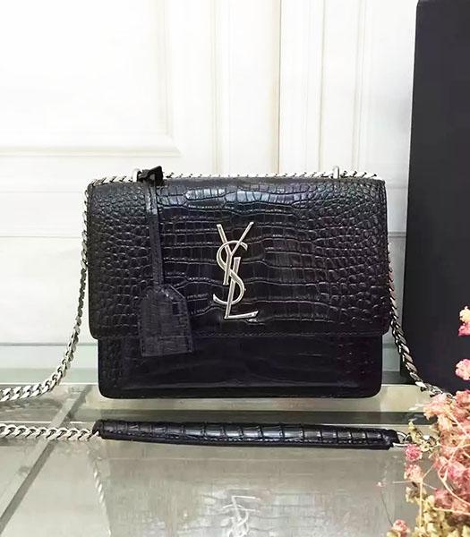 YSL Original Calfskin Leather Croc Veins Flap Bag Black