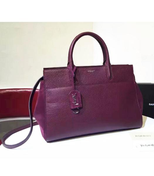 YSL RIVE GAUCHE Purple Calfskin Leather Litchi Veins Tote Bag