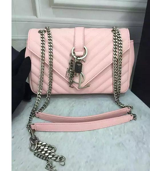 YSL SLP Calfskin Leather Chevron Chains Shoulder Bag Pink