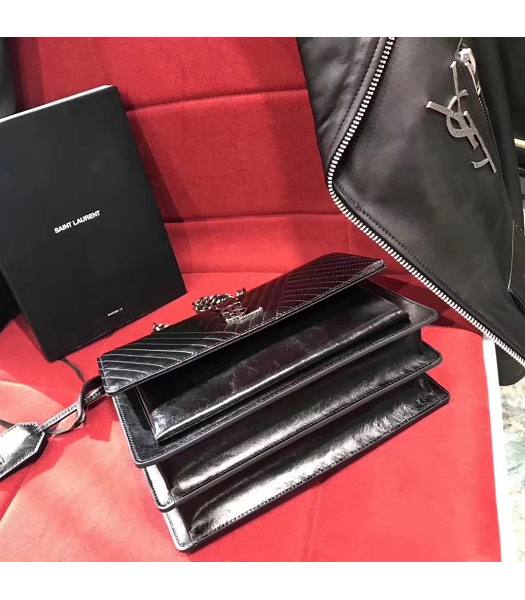 YSL Sunset Black Matelasse Oil Wax Leather Silver Chians 22cm Shoulder Bag-3