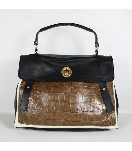 YSL Tote Bag Khaki Croc Leather with Sapphire Khaki Tote Bag