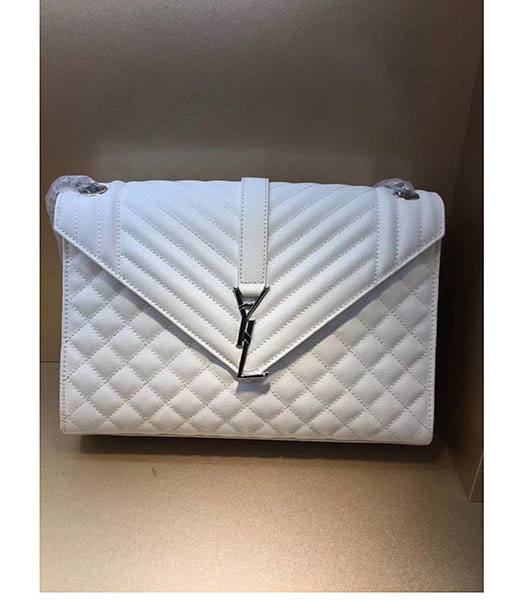 YSL White Matelasse Leather Silver Chains 24cm Envelope Shoulder Bag