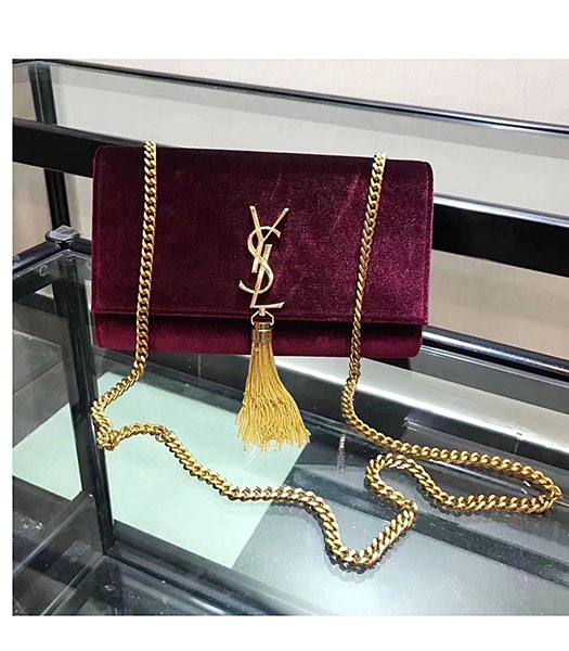 YSL Wine Red Velvet Leather Golden Tassel Chains 24cm Shoulder Bag