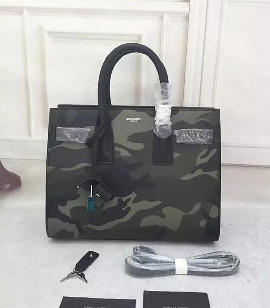 Yves Saint Laurent 32cm Calfskin Leather Camouflage Tote Bag Army Green