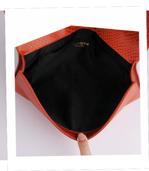 Yves Saint Laurent Chyc Textured Orange Snake Veins Leather Clutch-6