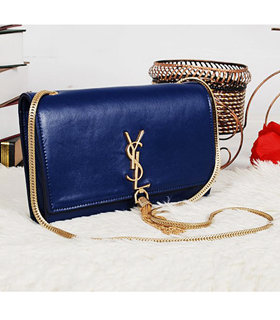 Yves Saint Laurent Monogramme Blue Leather Small Shoulder Bag With Golden Chain Tassel