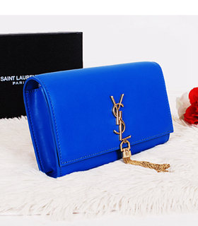 Yves Saint Laurent Monogramme Sapphire Blue Leather Clutch With Golden Chain Tassel