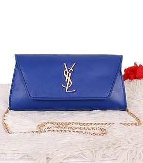 Yves Saint Laurent Monogramme Sapphire Blue Leather Small Shoulder Bag With Golden Chain Tassel
