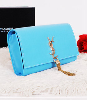Yves Saint Laurent Monogramme Sky Blue Leather Clutch With Golden Chain Tassel