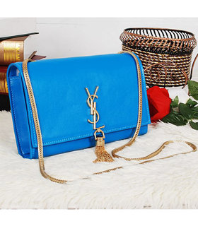 Yves Saint Laurent Monogramme Sky Blue Leather Small Shoulder Bag With Golden Chain Tassel