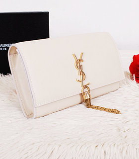 Yves Saint Laurent Monogramme White Leather Clutch With Golden Chain Tassel